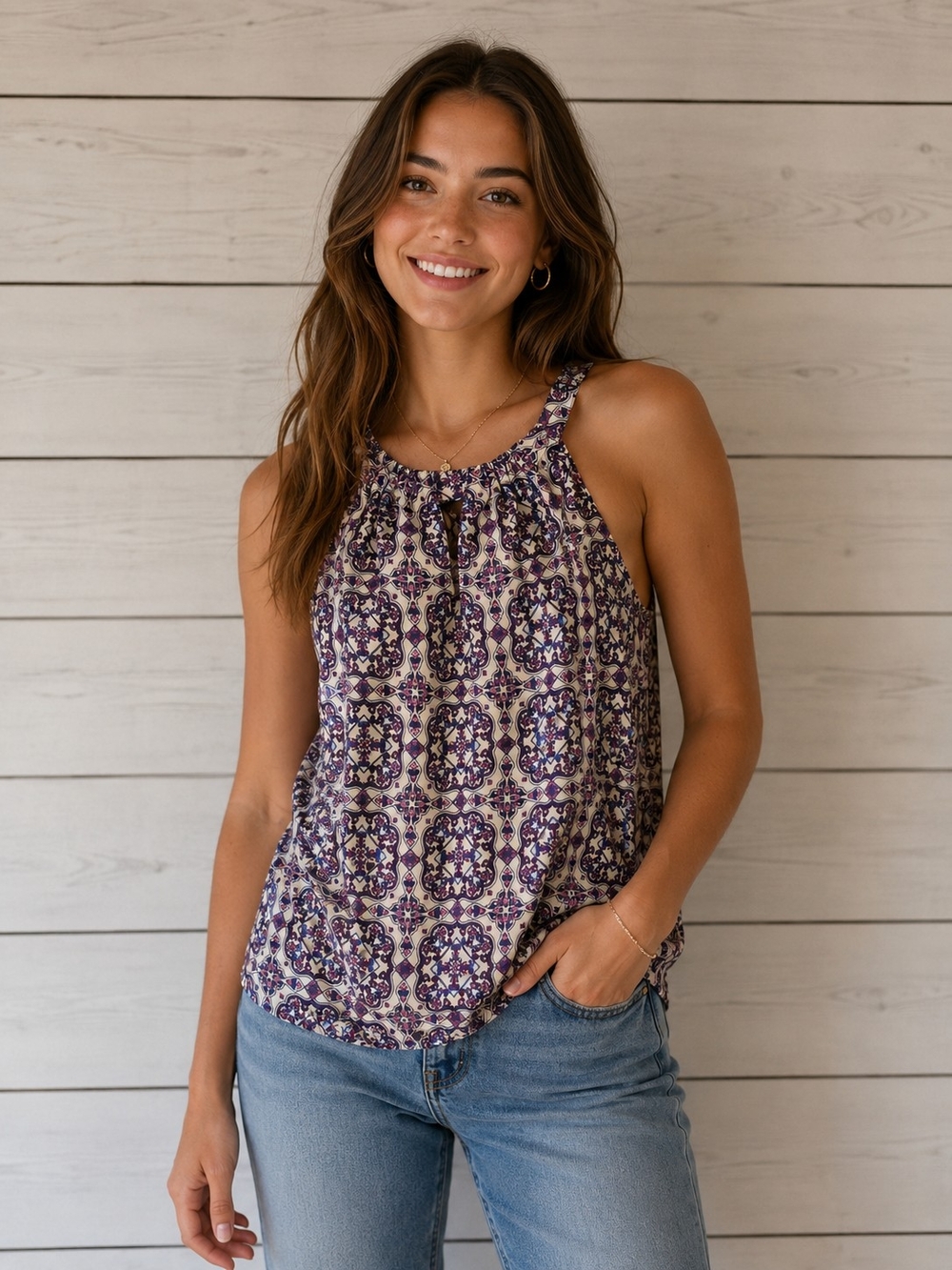 The Limited Purple Printed Blouse Tank Top Vacation Chic Sz. Large